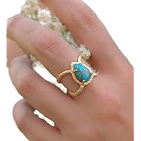 KOICCVQQ Hot New European and American Luxury Inlays 18K Gold Inlaid Teardrop pear Shaped Turquoise Ring Promise Wedding Jewelry, Classy Ring, Size 6-10 (Size 10)