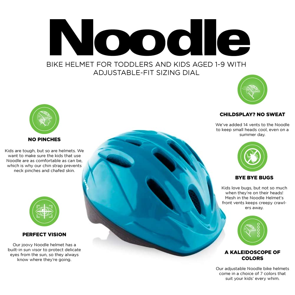Joovy Noodle Bike Helmet for Toddlers and Kids Aged 1-9 with Adjustable-Fit Sizing Dial, Sun Visor, Pinch Guard on Chin Strap, and 14 Vents to Keep Little Ones Cool (Small, Blue)