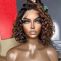 Highlight Color Human Hair 13x6 Curly Bob HD Transparent Lace Front Human Hair Wig Honey Blonde Pixie Cut Short Bob Human Hair Glueless Wigs 150% Density Brazilian Remy Hair with Baby Hair 8inch