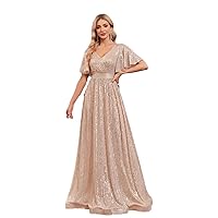 Women V-Neck Short Sleeves Formal Evening Dress Sequins Wedding Party Prom Maxi Cocktail Gown