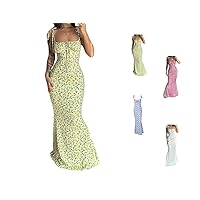 Women's Summer Floral Bodycon Maxi Dress Spaghetti Strap Sleeveless Boho Long Dresses
