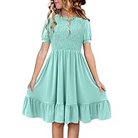 storeofbaby Girls Casual Dress Summer Puff Short Sleeve Smocked Ruffle Dresses 5-14 Years