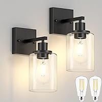 Licperron Black Wall Sconces Set of Two, Modern Sconces Wall Lighting Fixture with Clear Glass Shade for Bathroom Vanity, Industrial Metal Wall Mount Lamp for Bedroom Mirror Living Room (with Bulbs)