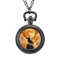 Wolf Howling Moon Vintage Pocket Watch Arabic Numerals Scale Quartz with Chain Christmas Birthday Gifts