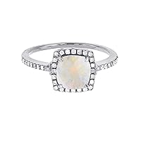 Sterling Silver Rhodium 7mm Cushion Created Opal & Created White Sapphire Halo Ring