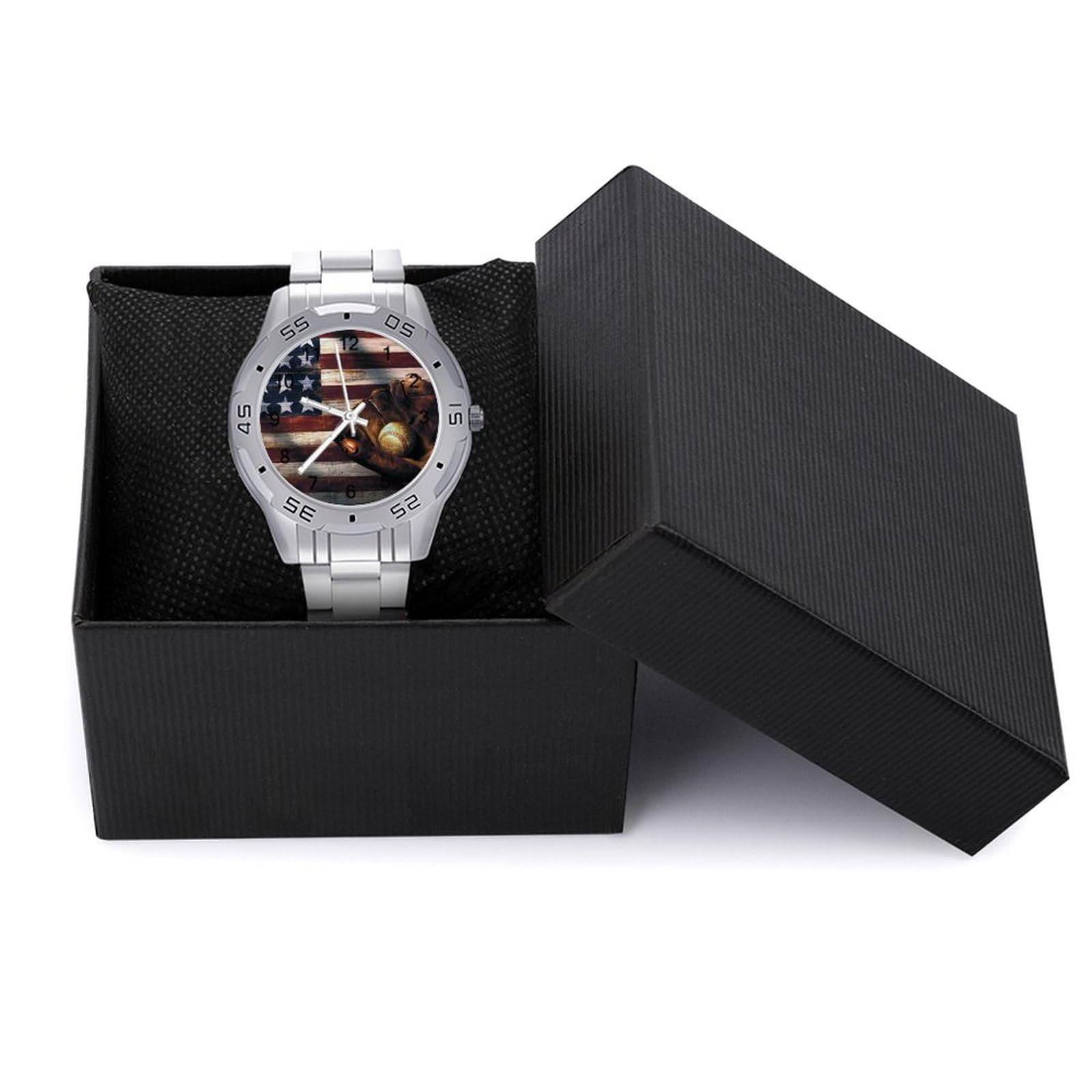American Baseball Flag Stainless Steel Band Business Watch Dress Wrist Unique Luxury Work Casual Waterproof Watches