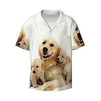 Cute Golden Retriever Men's Summer Short-Sleeved Shirts, Casual Shirts, Loose Fit with Pockets