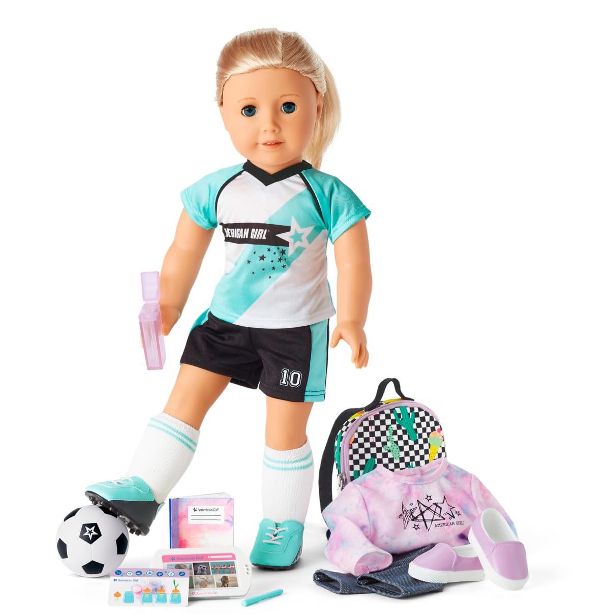 American Girl Truly Me 18-inch Doll 27 and School Day to Soccer Play Set with Blue Eyes, Layered Blonde Hair, Light-to-Medium Skin, Warm Undertones, tie-dye Sweatshirt, Supplies, Game Gear Ages 6+