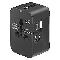 Travel Adapter, Worldwide All in One Universal Travel Adaptor AC Power Plug Adapter Wall Charger with USB-C and USB-A Ports for USA EU UK AUS Black