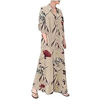 Cotton Linen Dresses for Women,2024 Spring Summer Trendy Lapel Button Down Maxi Dress,Casual Loose Long Sleeve Beach Dress