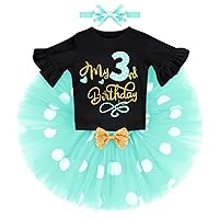 ODASDO 3rd Birthday Outfit for Girls Party Cake Smash Set Short Sleeve Romper + Polka Dots Skirt + Bowknot Headband