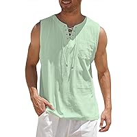 Men's Cotton Linen Tank Tops Casual Sleeveless Shirts Lace Up Beach Hippie Tops Bohemian Renaissance Pirate Tunic
