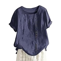 Summer Women Cotton Linen Tshirt Tops Trendy Short Sleeve Casual Button Tunic Tees Comfy Soft Crewneck Blouses