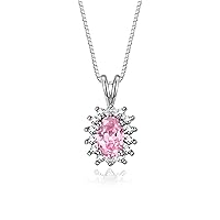 Sterling Silver Halo Pendant Necklace: 6X4MM Pink Ice & Sparkling Diamonds - 18