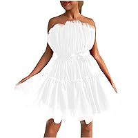 Off Shoulder Mini Dress for Women Sexy Sleeveless Ruffle Mesh Party A-Line Short Dresses Wedding Bridesmaid Dress