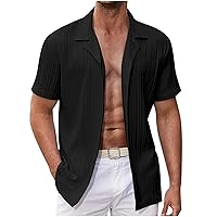 Men's Casual Button Down Shirts Trendy Striped Print Cuban Collared Shirt Short Sleeve Regular Fit Camp Beach Textured Shirt