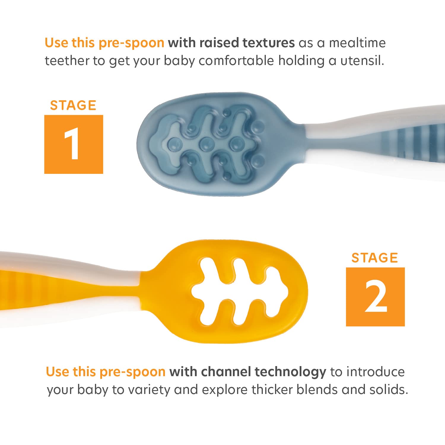 NumNum Baby Spoons Set, Pre-Spoon GOOtensils for Kids Aged 6+ Months - First Stage, Baby Led Weaning (BLW) Teething Spoon - Self Feeding, Silicone Toddler Food Utensils - 2 Spoons, Blue/Orange