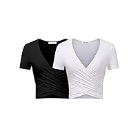 VETIOR Women's Sexy Deep V Neck Short Sleeve Unique Slim Fit Cross Wrap Shirts Crop Tops Going Out Tops