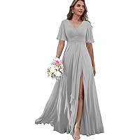 Chiffon Bridesmaid Dresses for Wedding V Neck Formal Gown Pleated Long Evening Dress with Sleeves