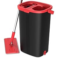 TETHYS Flat Floor Mop and Bucket Set for Professional Home Floor Cleaning System with Aluminum Handle/2-Washable Microfiber Pads Perfect Home + Kitchen Cleaner for Hardwood, Laminate, Tiles, Vinyl