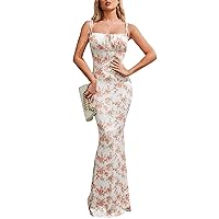 Women's Summer Beach Dresses 2024 Vacation Floral Bodycon Maxi Dress Spaghetti Strap Sleeveless Boho Long Dresses Beige