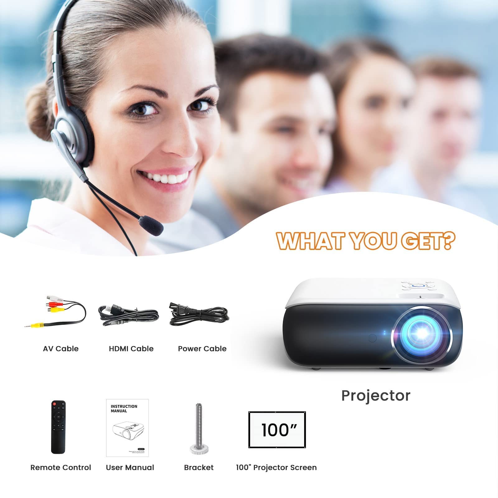 HAPPRUN Projector, Native 1080P Bluetooth Projector with 100''Screen, 9500L Portable Outdoor Movie Projector Compatible with Smartphone, HDMI,USB,AV,Fire Stick, PS5