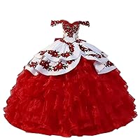 Mollybridal Red Floral Flowers Off Shoulder Ball Gown Ruffles Prom Formal Dresses Beaded Corset Back 2024