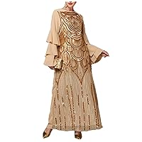 Eid Muslim Sequins Dress For Women Abaya Ramadan 3 Layers Butterfly Sleeve Abayas Moroccan Caftan Robe