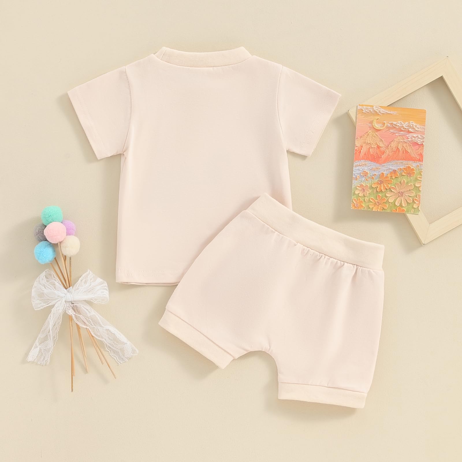 Kupretty Toddler Baby Girl Summer Clothes Solid Plain Short Sleeve Ruffle T-shirt Tee Tops + Shorts Infant Clothing Set
