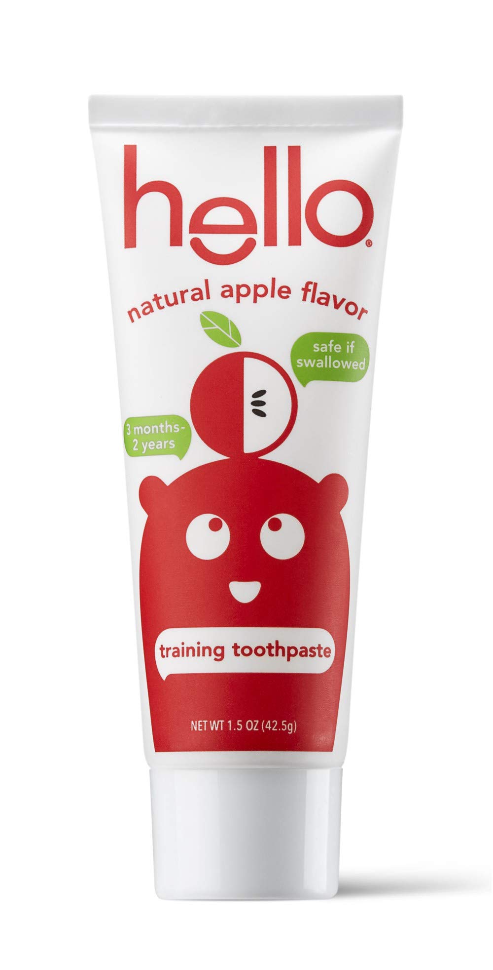 Hello Oral Care Fluoride Free Training Toothpaste for Toddlers + Kids, Natural Organic Apple Flavor, Safe to Swallow, Clear, 1.5 Oz