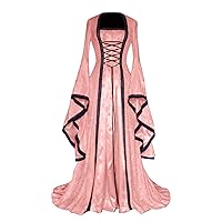 Womens Gown Cosplay Dresses Petal Long Sleeve Retro Style Solid Color Gothic Trumpet Long Floor Maxi Medieval Dress