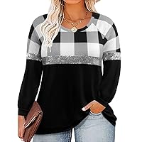 RITERA Plus Size Tops for Women Long Sleeve Shirt Colorblock Tunics Plaid Pattern Tshirt Casual Blouses Fall Pullover Plaid-Black XL