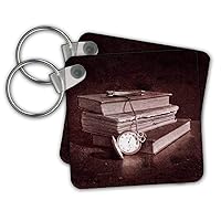 3dRose Key Chains Stck of old worn books with pocket knife and pocket watch (kc-338546-1)