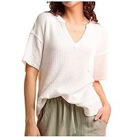 Women Knit Waffle Short Sleeve V Neck Patchwork Tops Summer Fashion Casual Loose Solid Tunic T-Shirts with Pockets