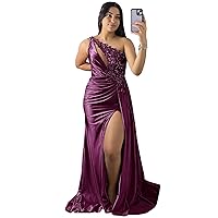 Plus Size Sequin Applique Prom Dresses One Shoulder Mermaid High Slit Long Evening Gowns for Women 2024 Plum