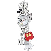 Disney Mickey Mouse Charm Bracelet Watch -Silver-Tone Heart Design Quartz Timepiece for Girls & Women