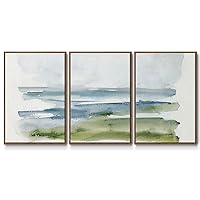 Seascape Wall Art Green Grassland Coast Painting Artwork Home Décor Walnut 3 Pieces of Framed Canvas Prtins Wall Decorations for Bathroom and Kitchen 16x24 Inch LS010