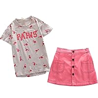 Peacolate 3-10T Girls 2pcs Summer Dress Set Short-sleeve T-Shirt Tops Pink Short Jeans Skirt