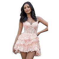 Women's Spaghetti Straps Appliques Sequin Tulle Tiered Homecoming Dresses for Teens Short Layered Cocktail Gowns