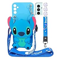 DiDicose for Samsung Galaxy A14 5G|4G Case Cute 3D Cartoon Purse Wallet with Lanyard Wrist Strap Soft Silicone Cover Camera Lens Protector for Samsung Galaxy A14 5G|4G Alien Dog Blue