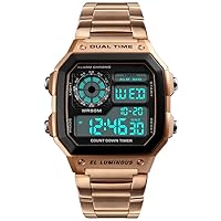 ROSEBEAR Men's Digital Quartz Watch, Luxury Business Electronic Chronograph, 50 m Waterproof Digital Watch, Stainless Steel Strap, LED Back Light, Rose-Gold, Bracelet