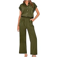 Women Button Down Sets Summer Dressy 2 Piece Outfits Cap Sleeve Lapel Shirts & Wide Leg Pants Lounge Work Wear Set