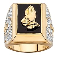 PalmBeach Jewelry Men's Yellow Gold-Plated Rectangular Shaped Black Onyx Praying Hands or Textured Cross Ring