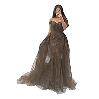 Women's Off The Shoulder Evening Gowns Mermaid Lace Prom Dresses with Detachable Train