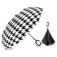 Houndstooth Blackwhite Inverted Umbrellas Automatic Open Windproof & Rainproof Car Umbrella Double Layer C-Shape Handle Free