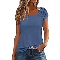 Womens Shirt Square Neck Tops for Women Summer Solid Color Classic Simple Casual Loose Fit with Short Sleeve Tunic Shirts Blue Small