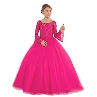 Girl's Tulle Flower Girl Dress Lace Long Sleeves Christmas Birthday Party Dresses Gold Red