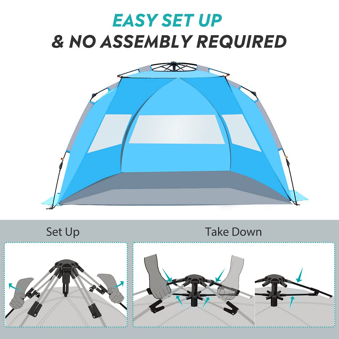 OutdoorMaster Pop Up Beach Tent for 4 Person - Easy Setup and Portable Beach Shade Sun Shelter Canopy with UPF 50+ UV Protection Removable Skylight Family Size - Blue