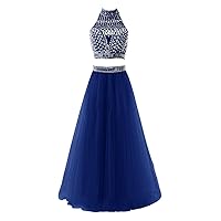 Women's Long Halter Two Pieces Tulle Beaded Prom Evening Dress