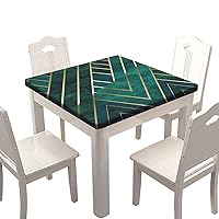 Fitted Polyester Tablecloths Square, Dark Green Gold Edge Marble Elastic Edge Home Decor Tablecloth, Waterproof Oil & Dust Proof Table Clothes for Indoor Outdoor Party Use, Fits 24